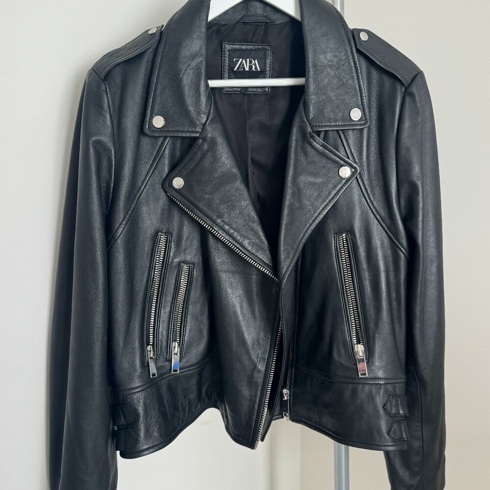 Zara Genuine Leather Moto Jacket (Size XL)